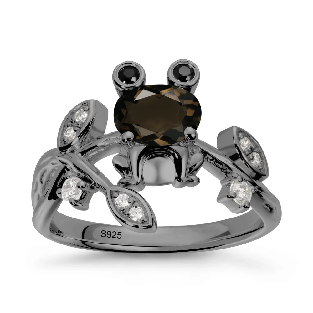 Smoky Quartz Frog Ring with Twisting Leaves and Branches