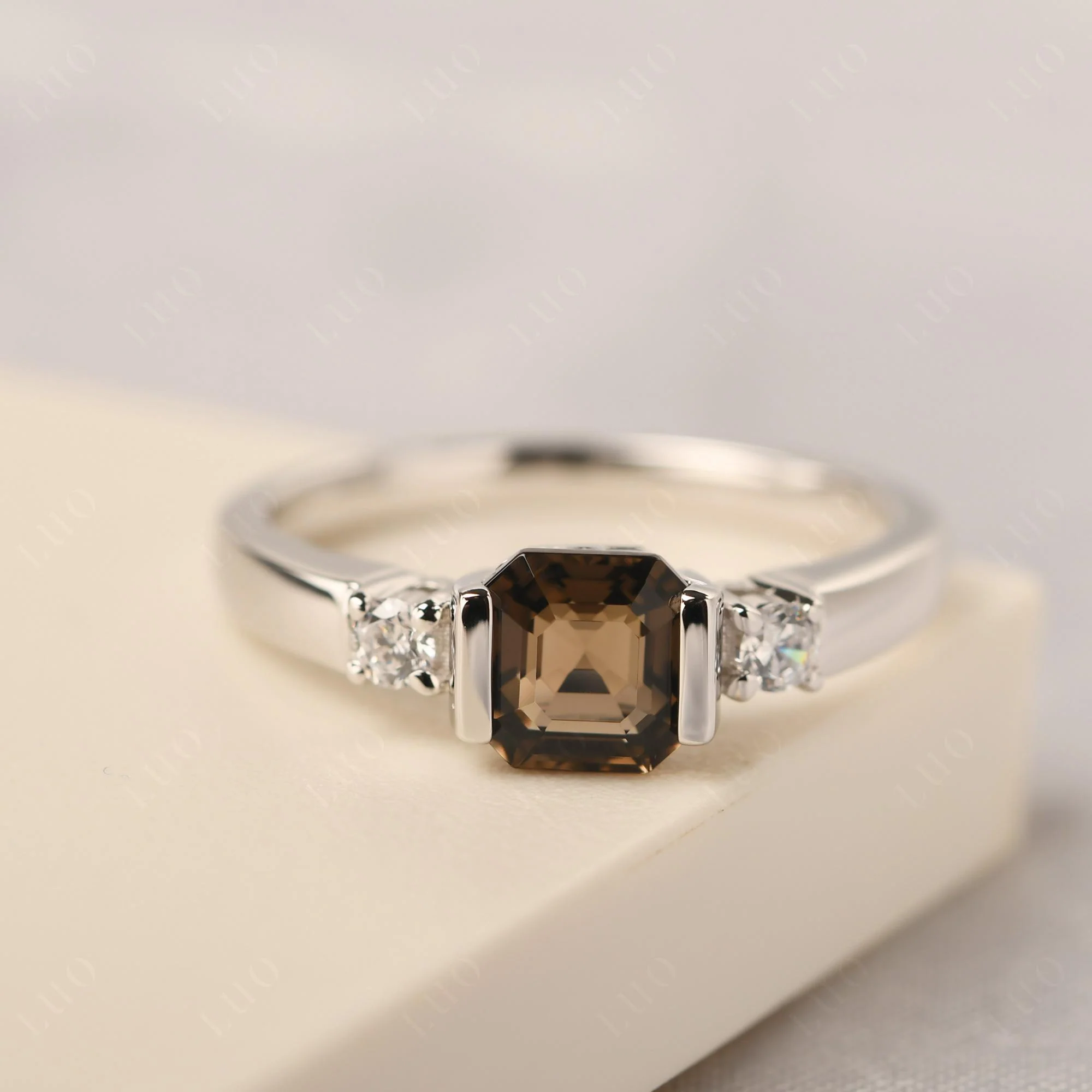 Smoky Quartz Half Bezel Set Asscher Cut Ring - Image 10