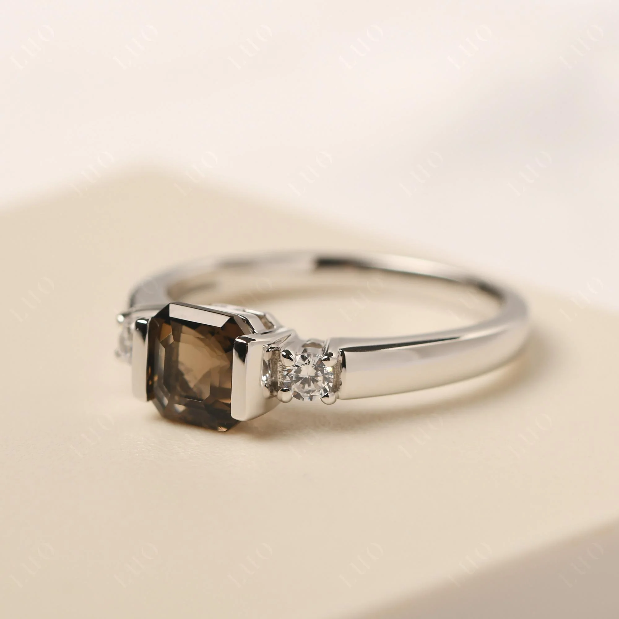 Smoky Quartz Half Bezel Set Asscher Cut Ring - Image 11