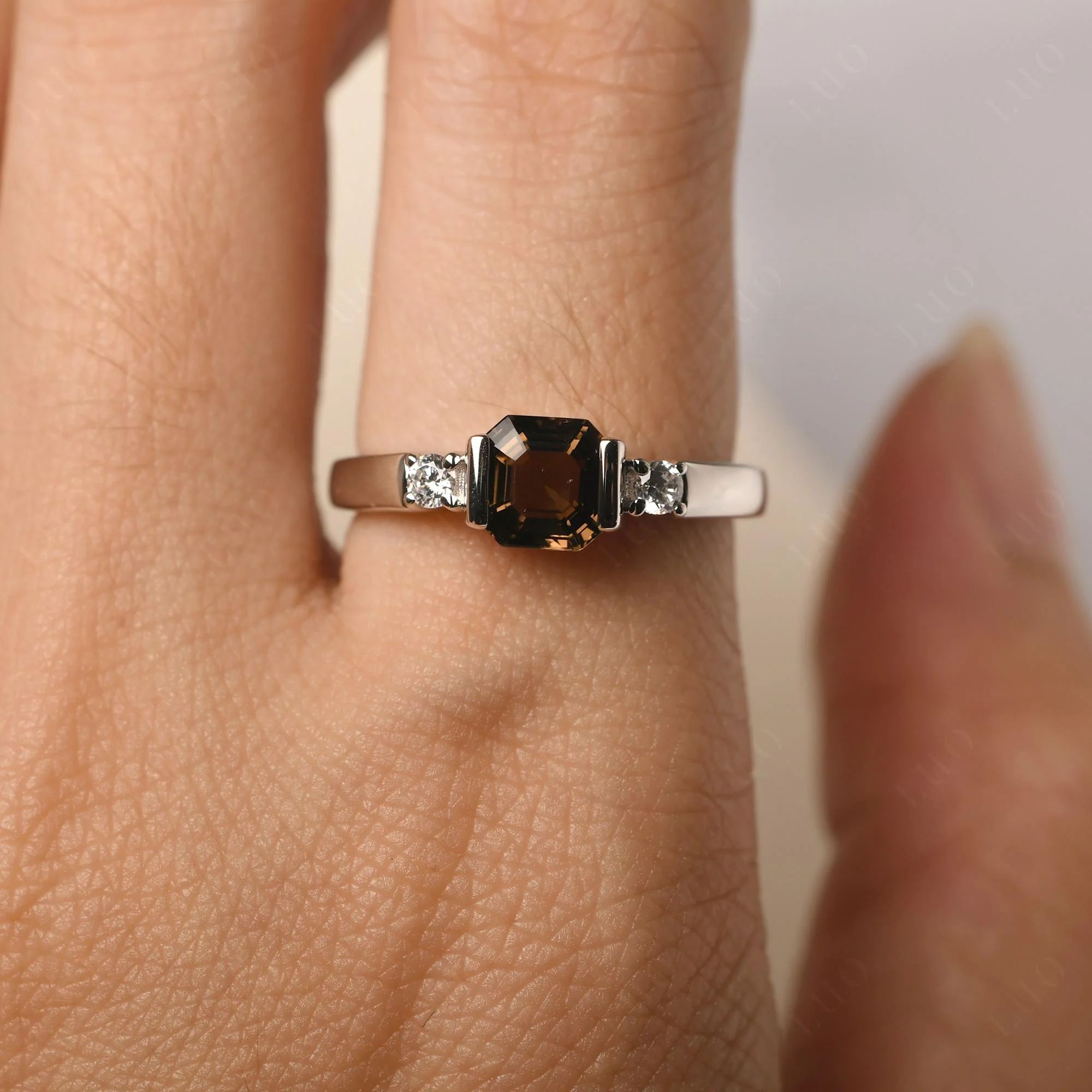 Smoky Quartz Half Bezel Set Asscher Cut Ring - Image 14