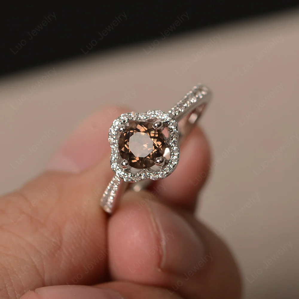 Smoky Quartz Halo Flower Engagement Ring