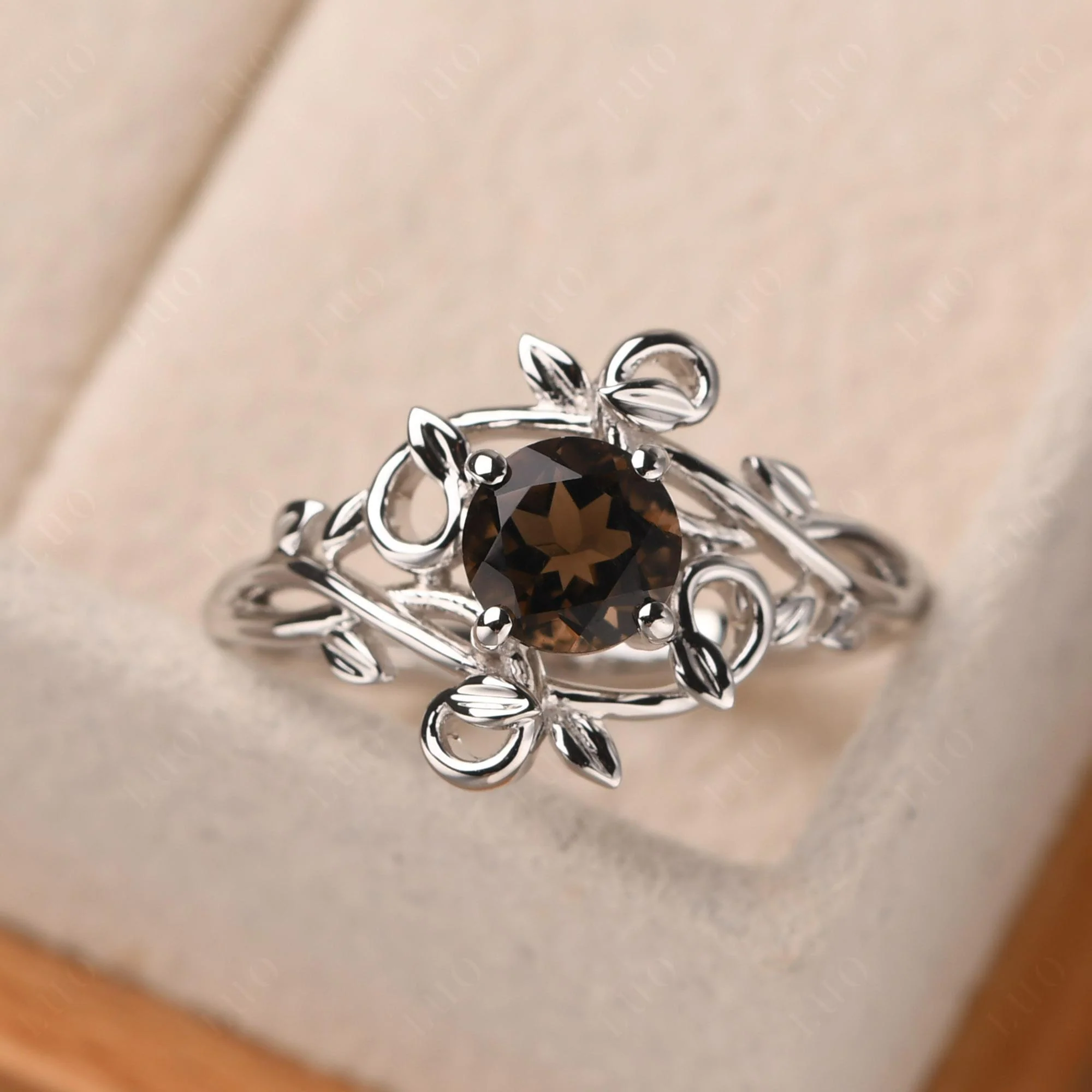 Round Cut Smoky Quartz Leaf Ring - Image 11
