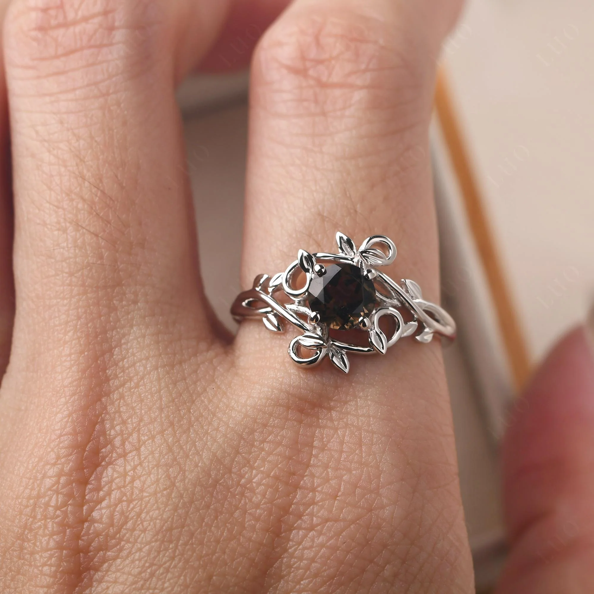 Round Cut Smoky Quartz Leaf Ring - Image 14