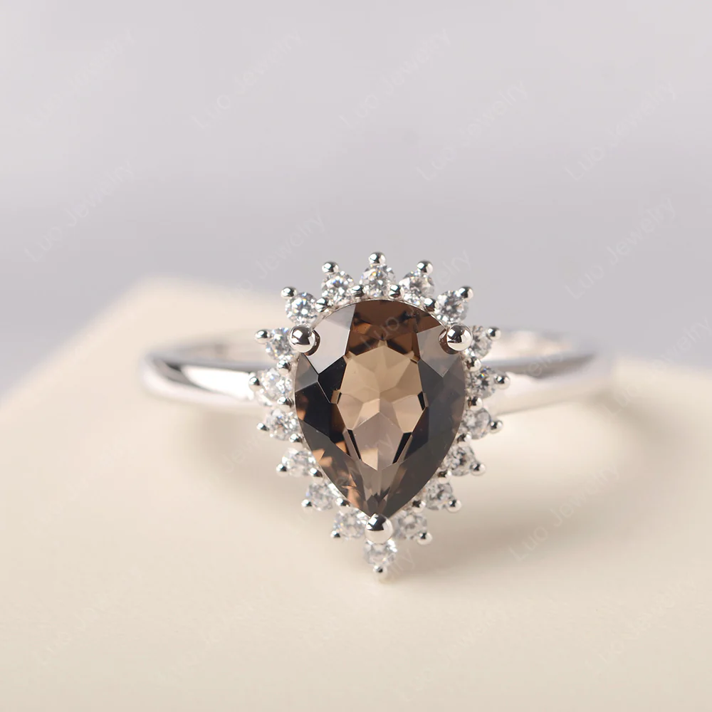 Smoky Quartz Pear Sunburst Ring