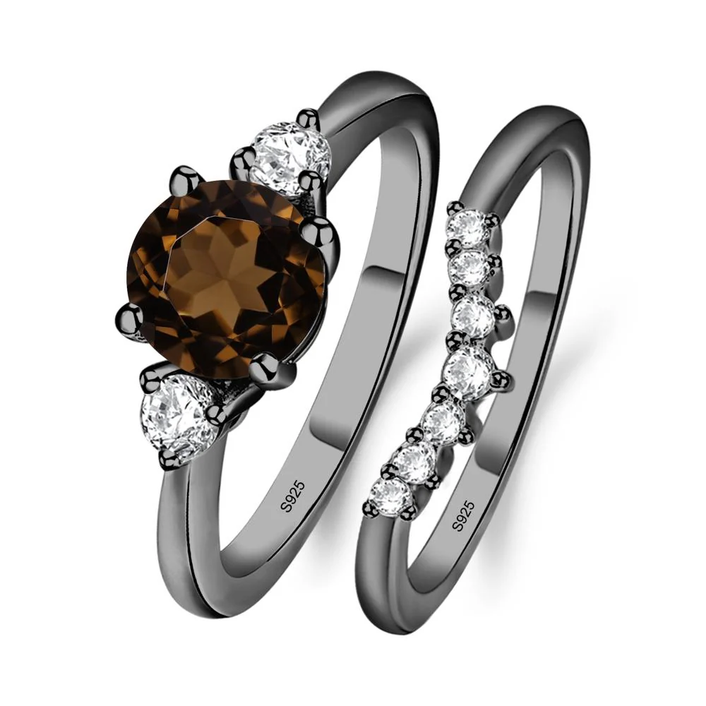 Round Smoky Quartz Wedding Ring Set