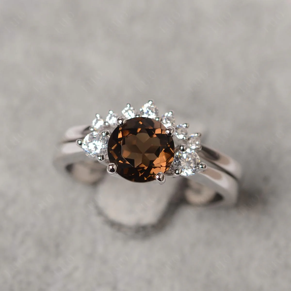 Round Smoky Quartz Wedding Ring Set - Image 10