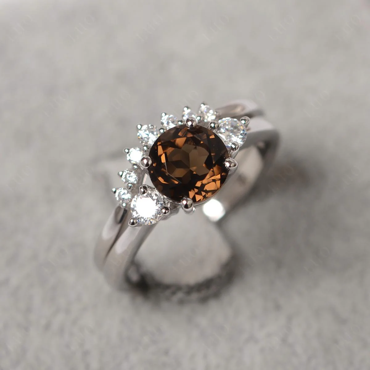 Round Smoky Quartz Wedding Ring Set - Image 11