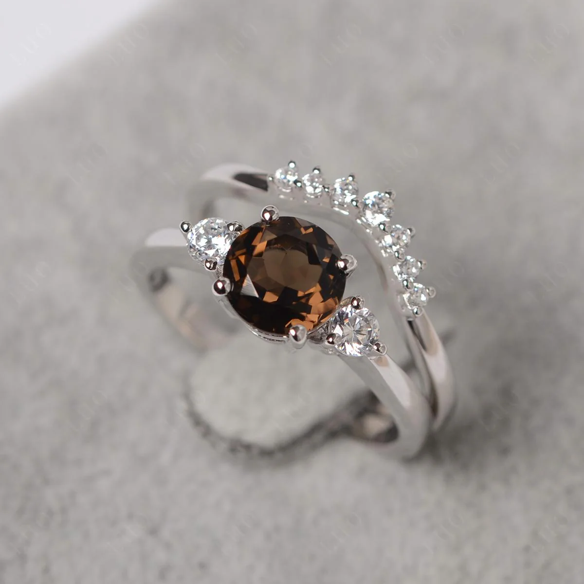 Round Smoky Quartz Wedding Ring Set - Image 12