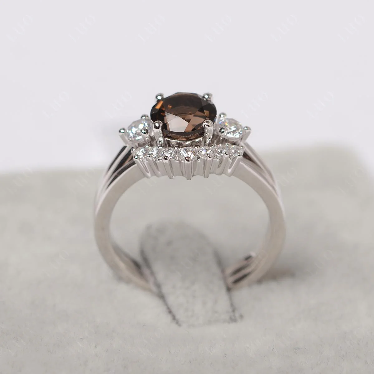 Round Smoky Quartz Wedding Ring Set - Image 13