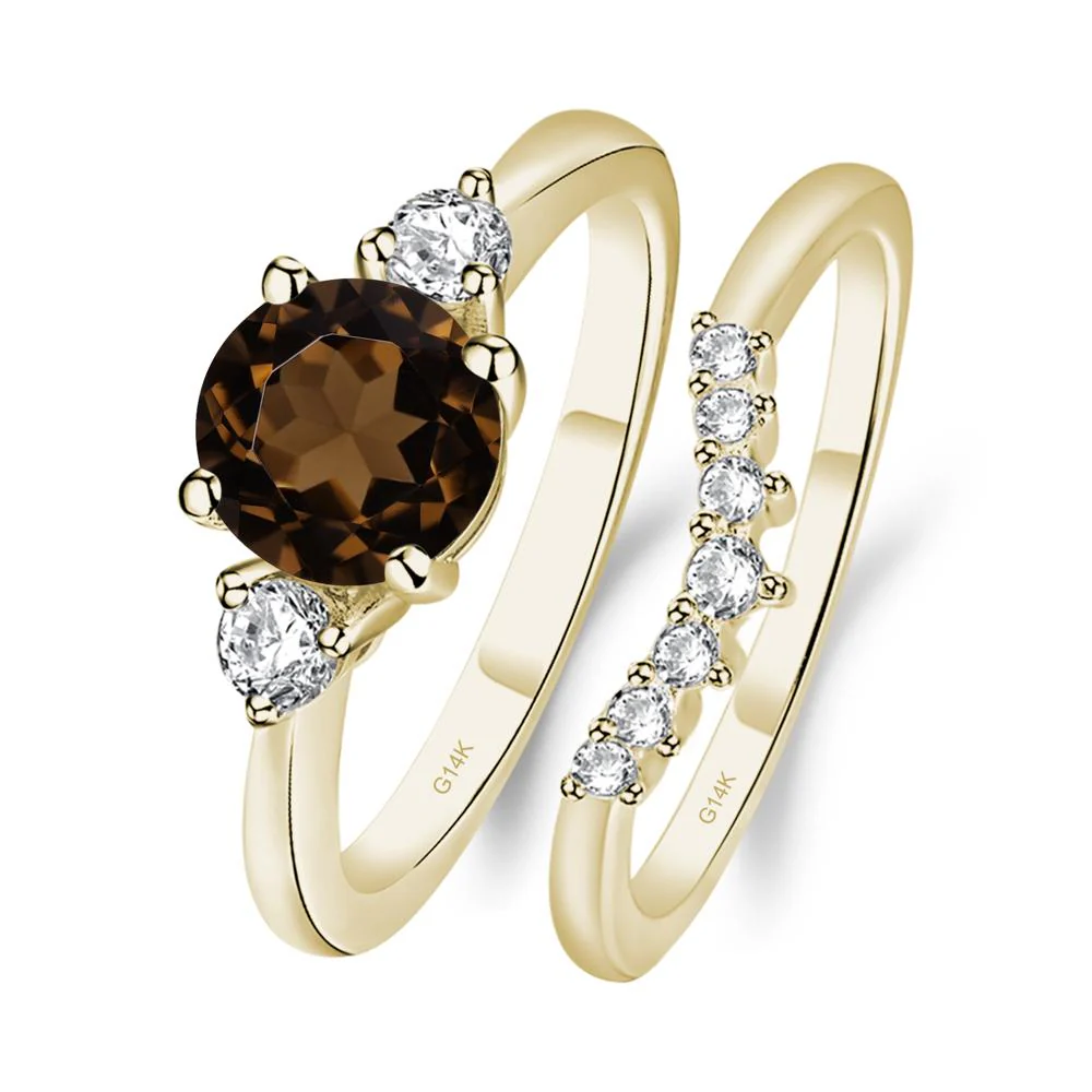 Round Smoky Quartz Wedding Ring Set - Image 4