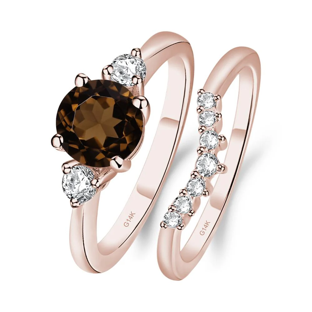 Round Smoky Quartz Wedding Ring Set - Image 5