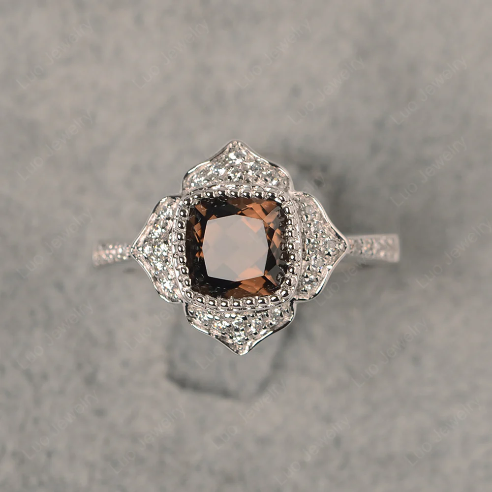 Cushion Smoky Quartz Bezel Set Halo Floral Ring