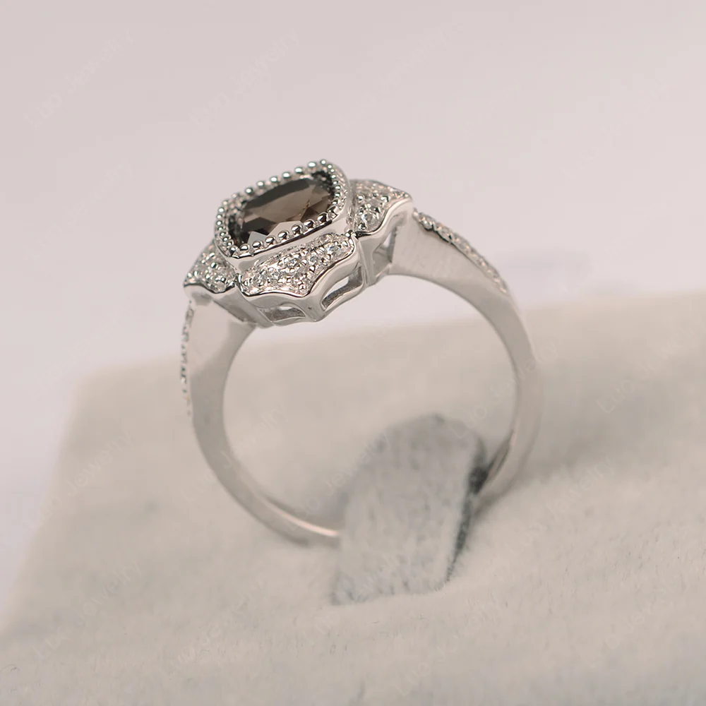 Cushion Smoky Quartz Bezel Set Halo Floral Ring - Image 3
