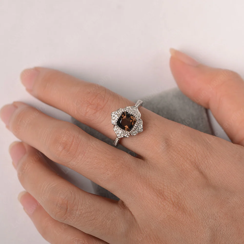 Cushion Smoky Quartz Bezel Set Halo Floral Ring - Image 4