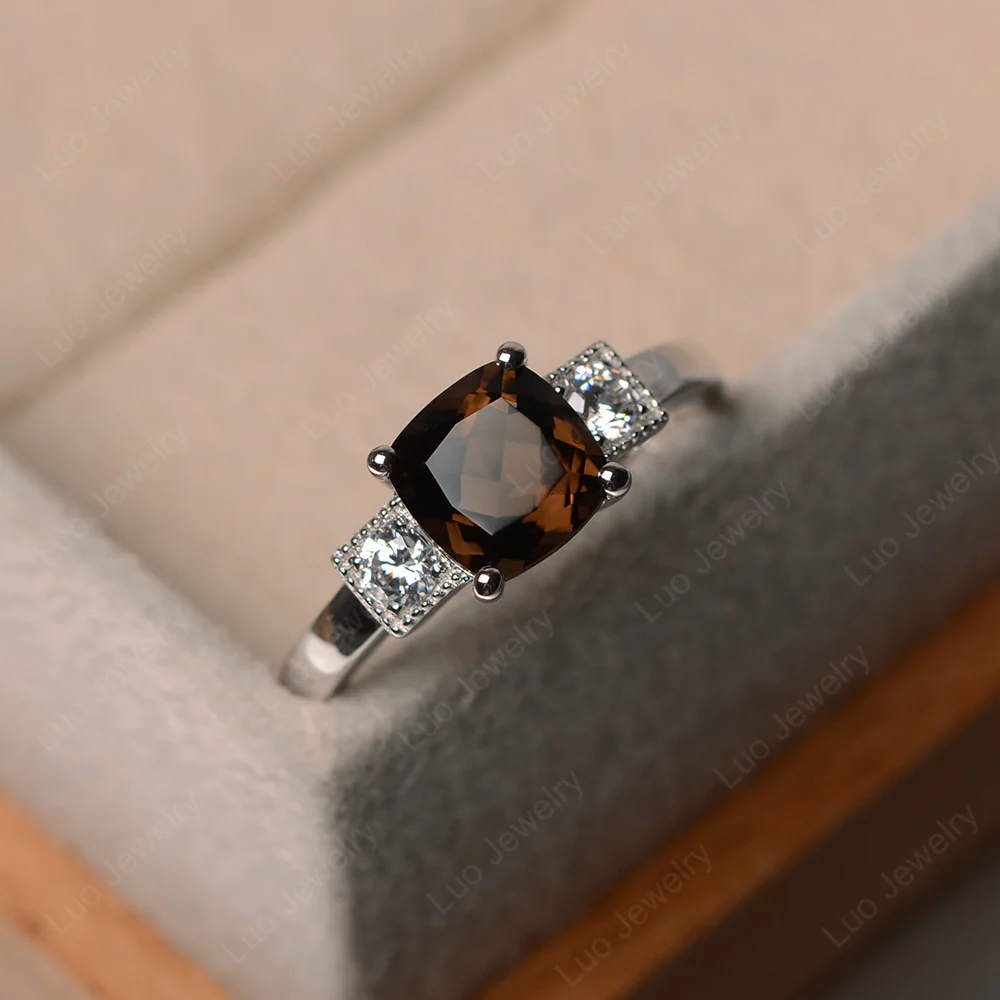 Cushion Smoky Quartz Trilogy Ring - Image 2