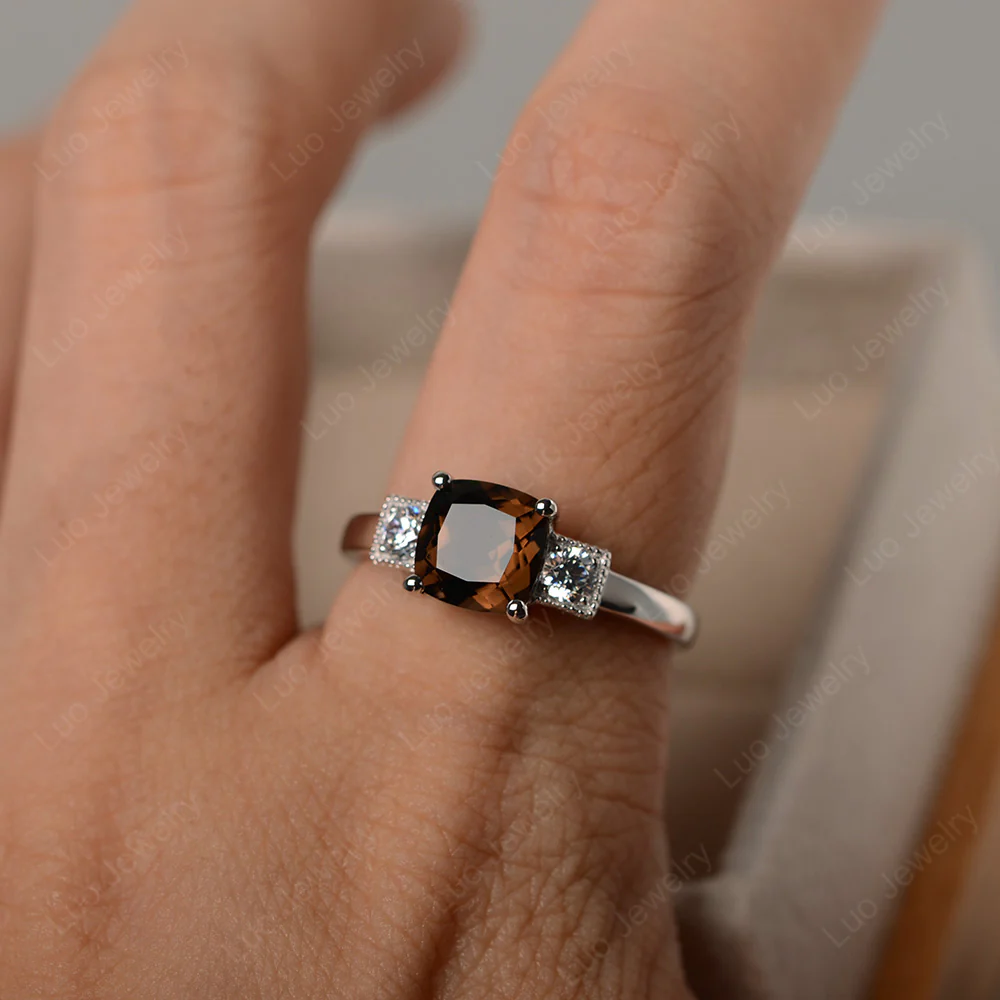 Cushion Smoky Quartz Trilogy Ring - Image 4