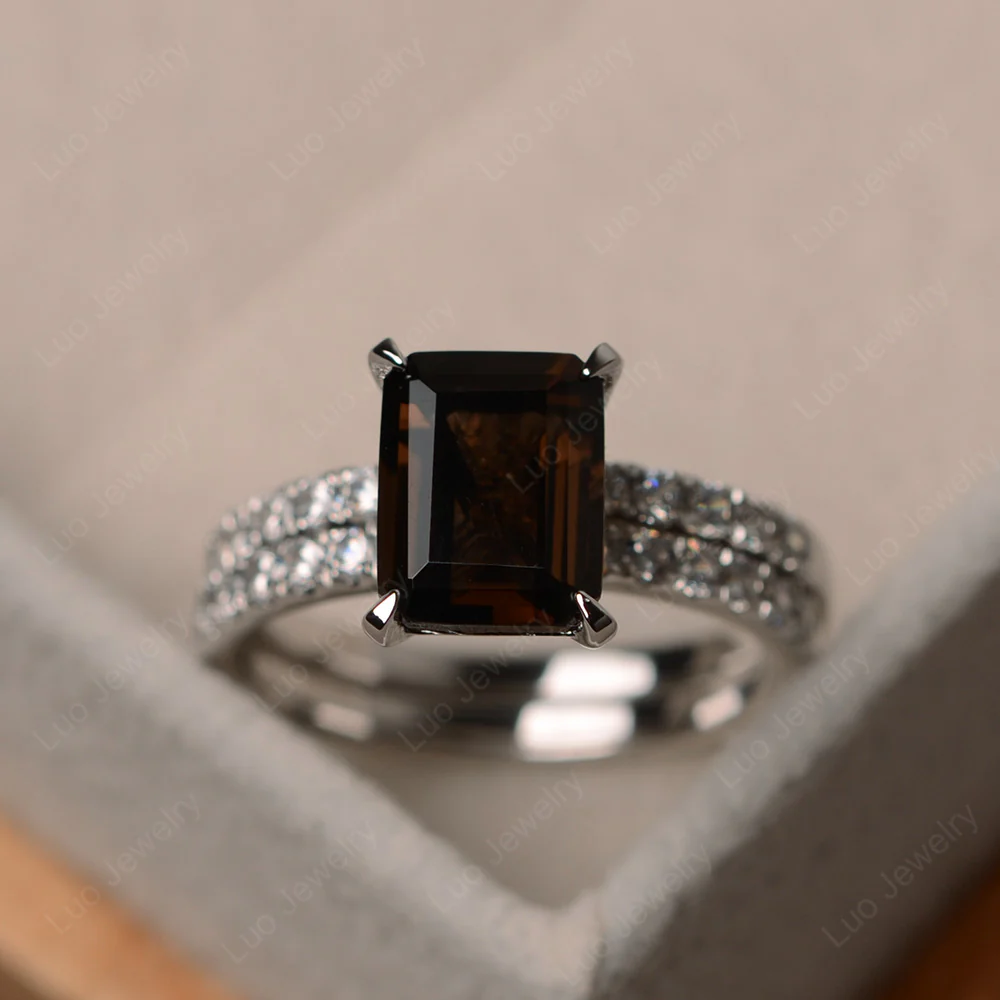 Smoky Quartz Emerald Cut Wedding Ring Sets