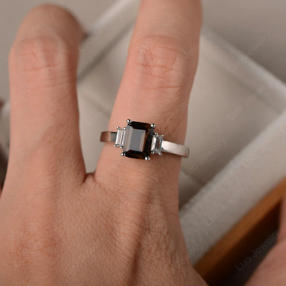 Emerald Cut Smoky Quartz Ring with Baguettes - Image 4