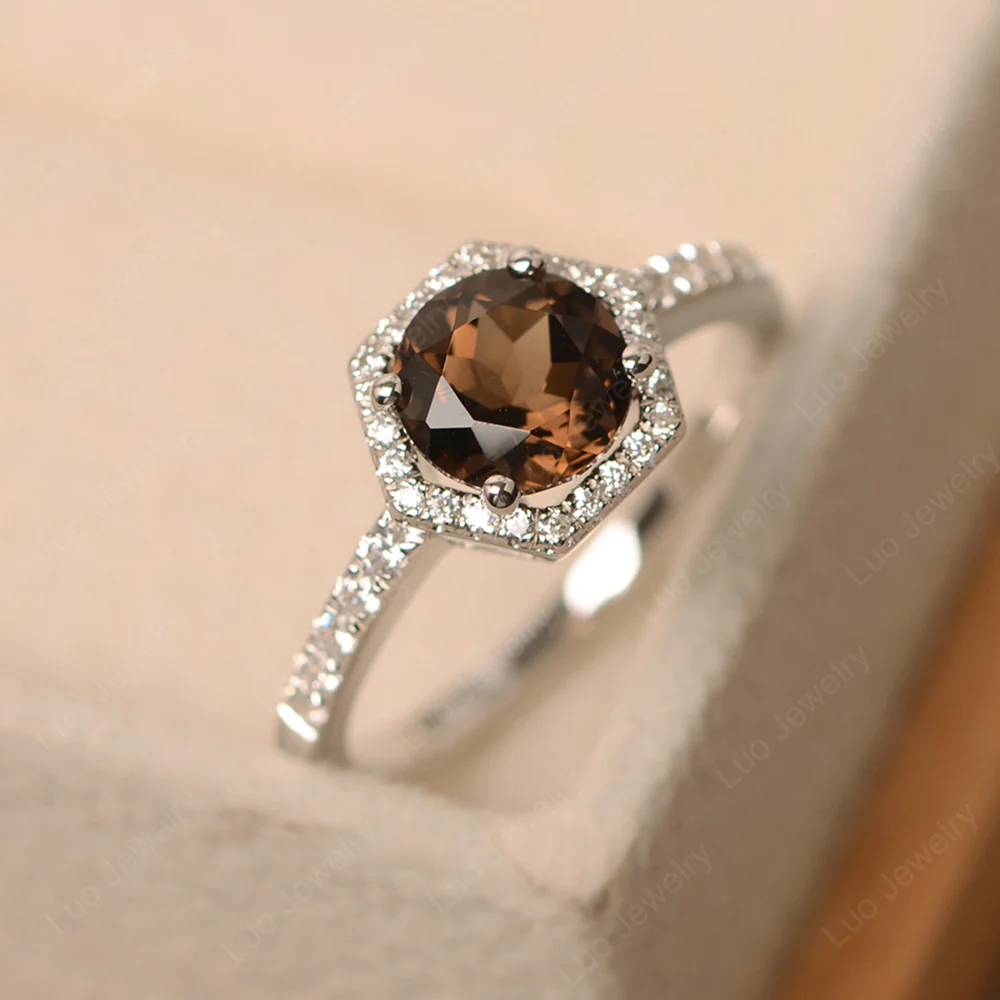 Smoky Quartz Hexagon Halo Engagement Ring - Image 3