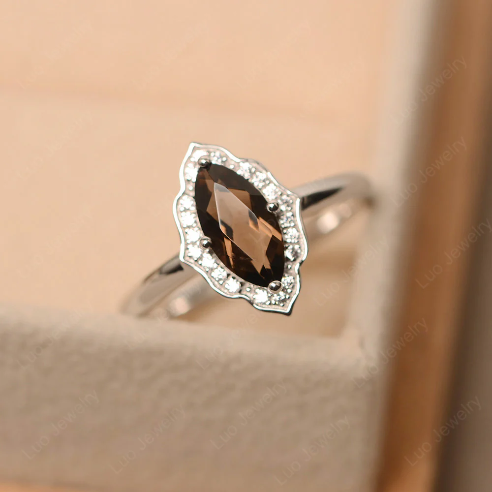 Marquise Cut Smoky Quartz Halo Engagement Ring - Image 2