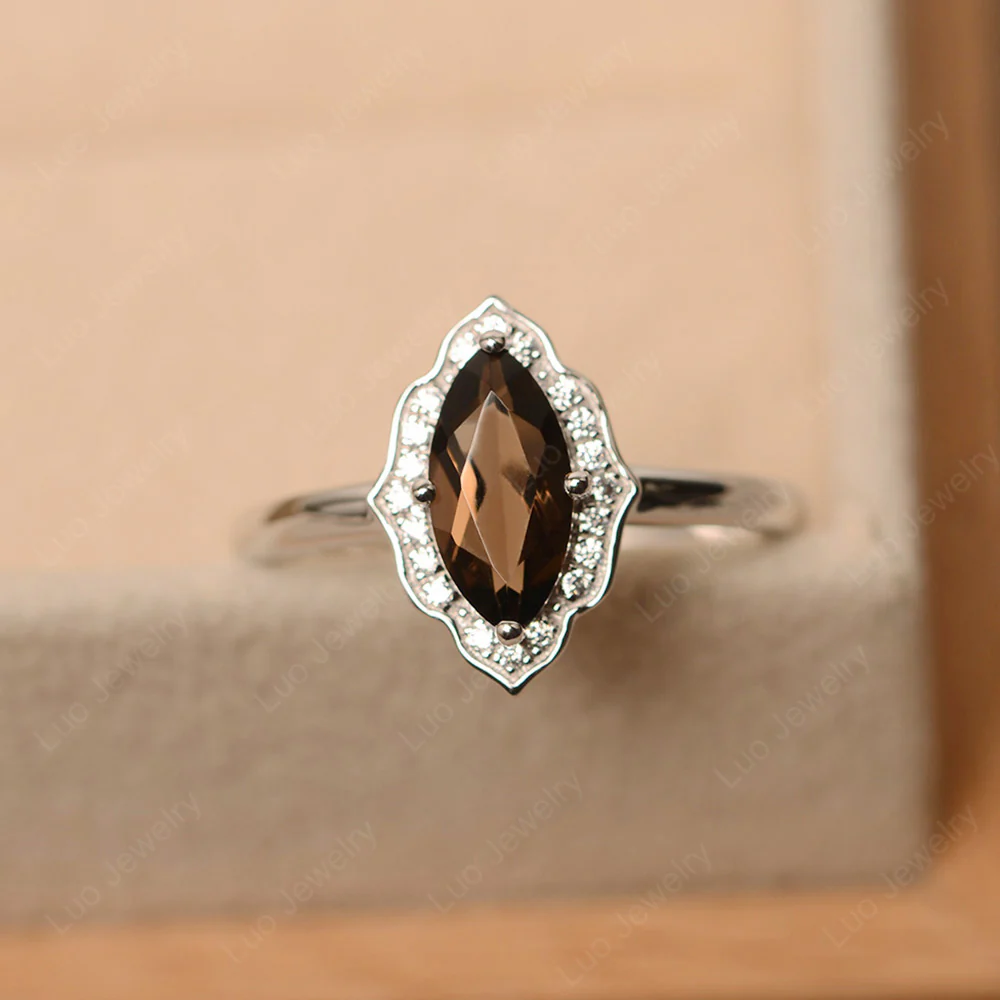 Marquise Cut Smoky Quartz Halo Engagement Ring - Image 3