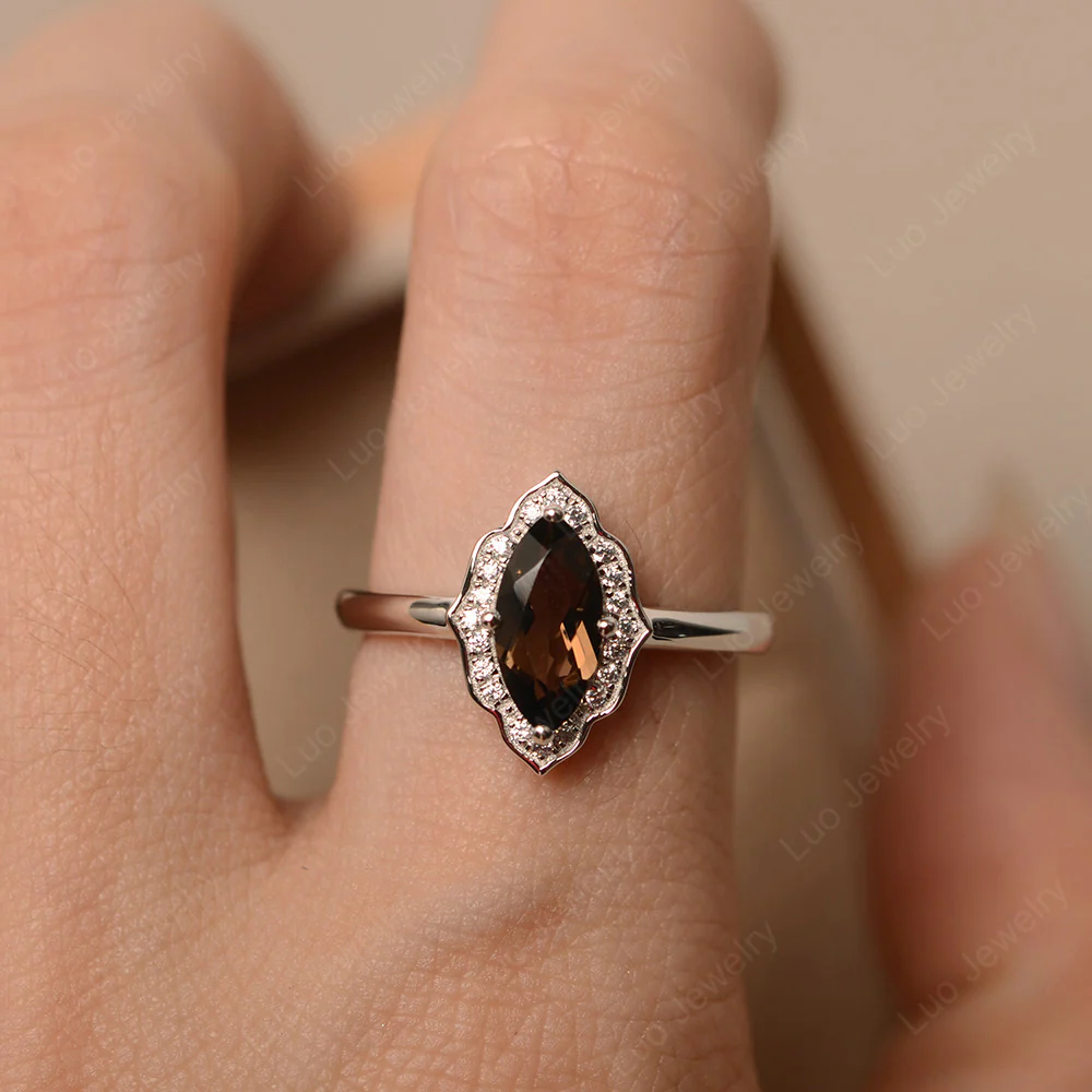Marquise Cut Smoky Quartz Halo Engagement Ring - Image 6