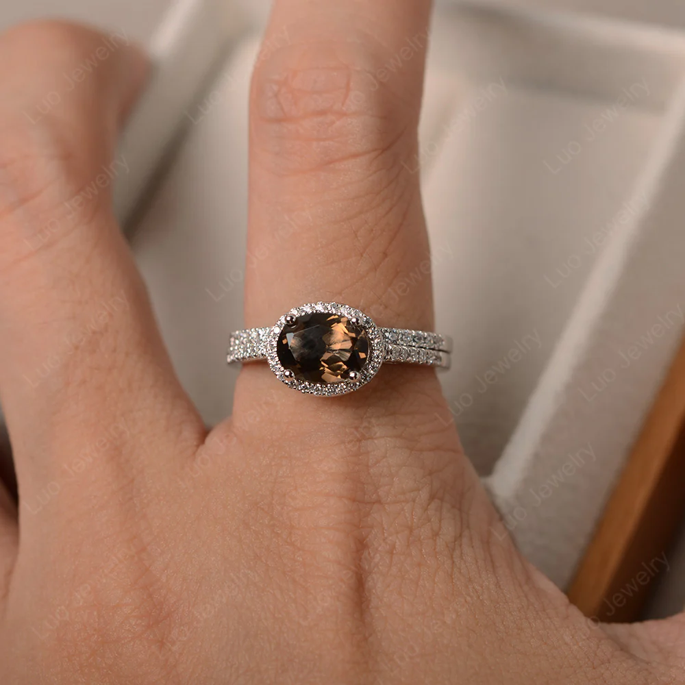 Oval Smoky Quartz Ring with Wedding Band - Image 4