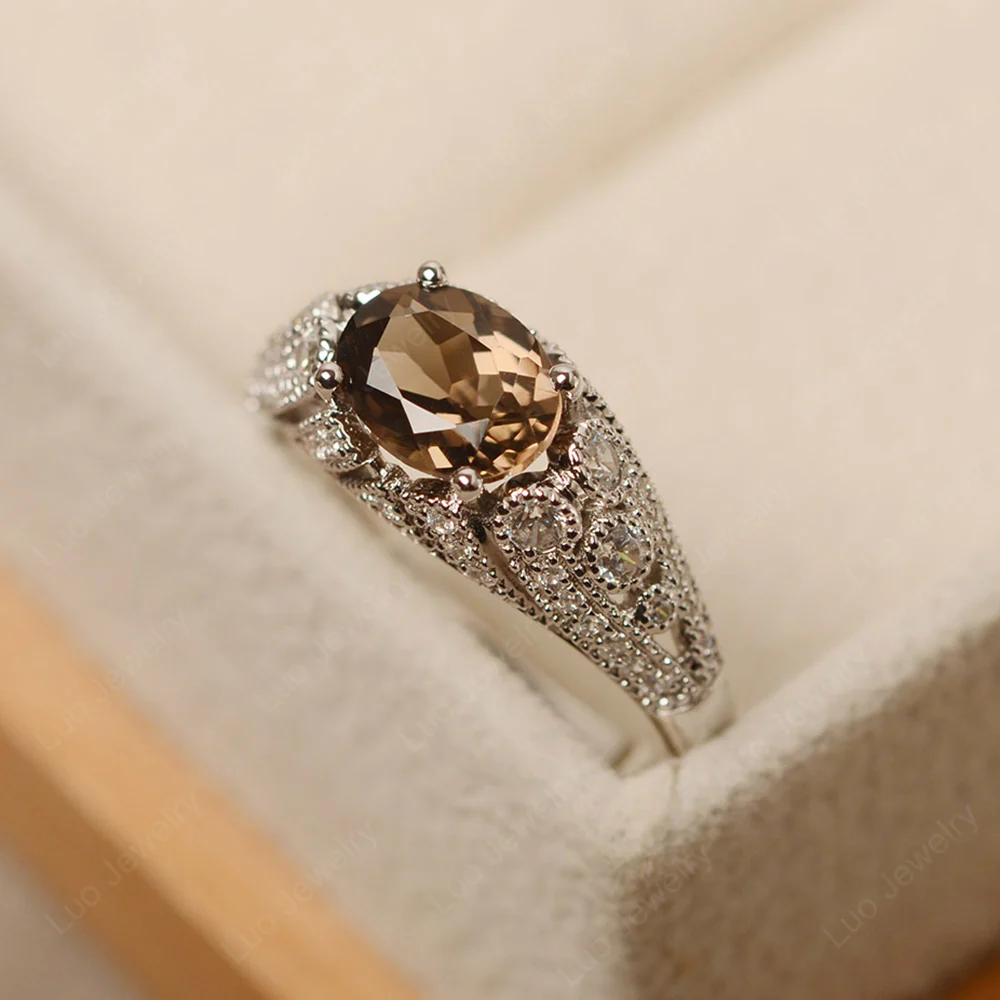 Vintage Horizontal Oval Cut Smoky Quartz Ring - Image 3