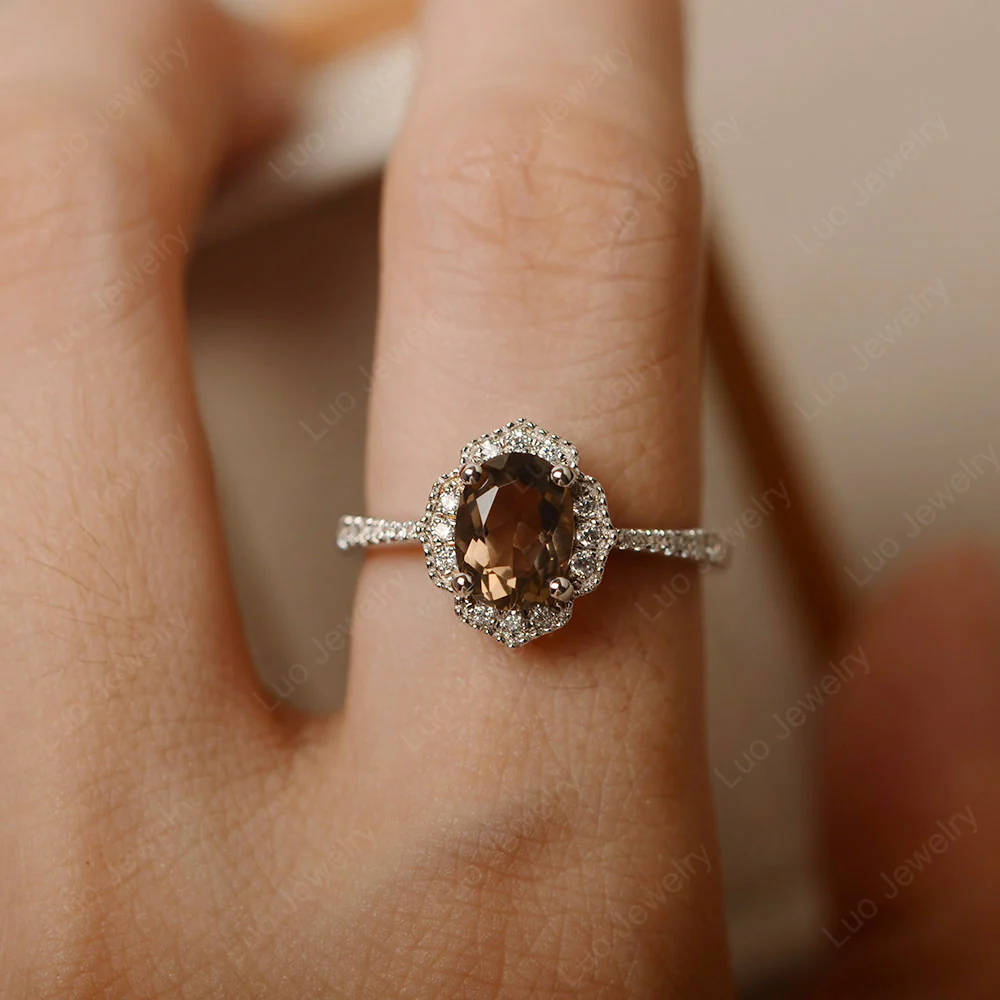 Milgrain Halo Smoky Quartz Engagement Ring - Image 5