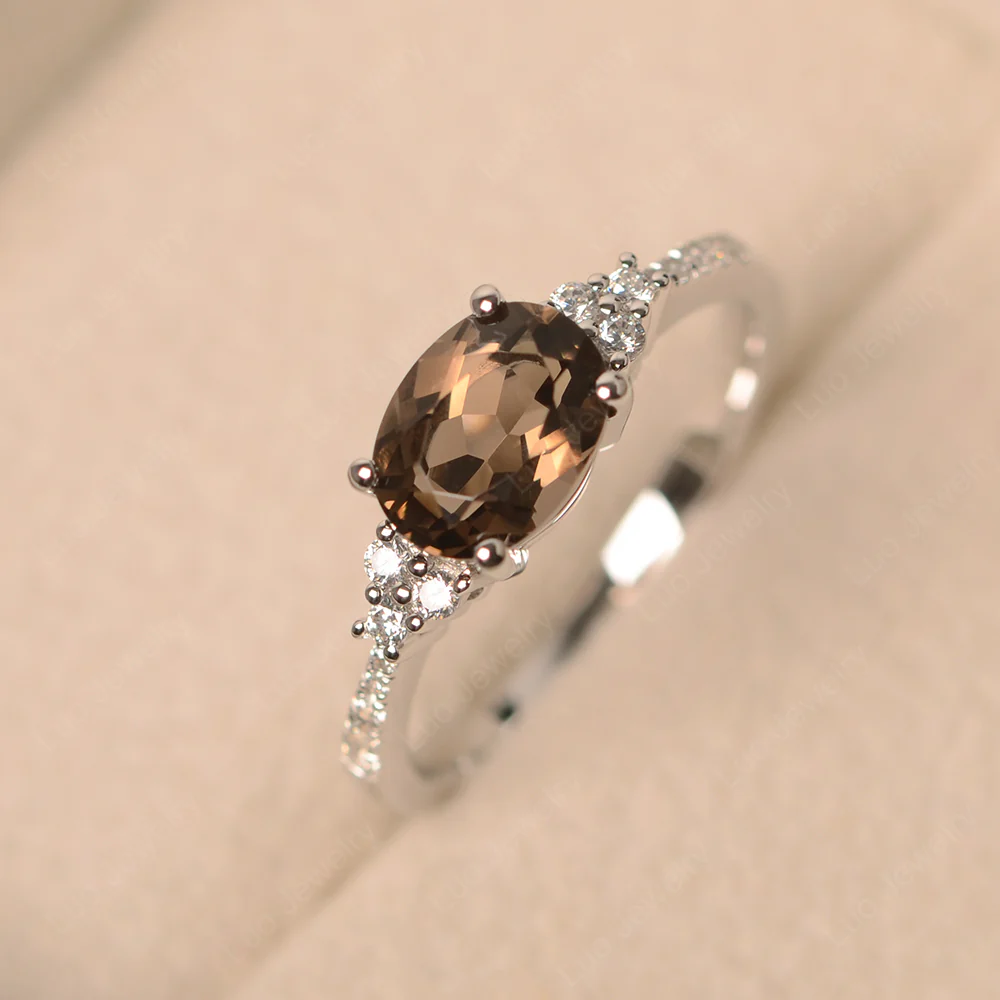 Horizontal Oval Cut Smoky Quartz Engagement Ring - Image 2