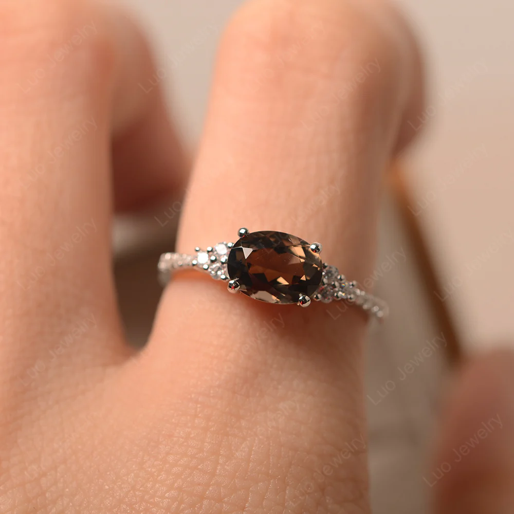 Horizontal Oval Cut Smoky Quartz Engagement Ring - Image 5