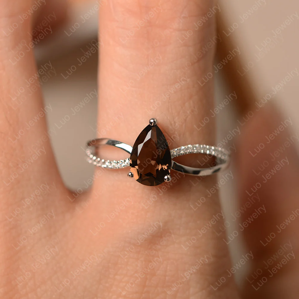 Pear Shaped Smoky Quartz Ring Split Shank - Image 4