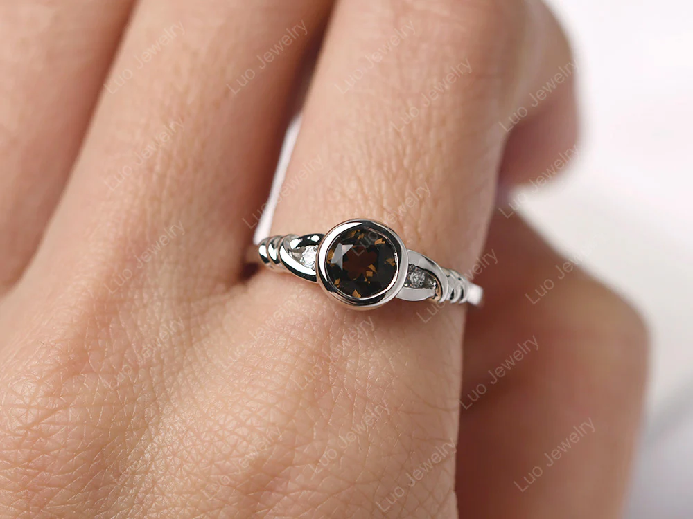 Smoky Quartz Ring Round Bezel Engagement Ring - Image 5