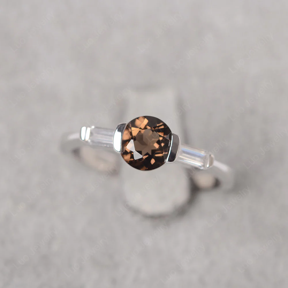 Smoky Quartz Ring Round Cut with Baguette Side