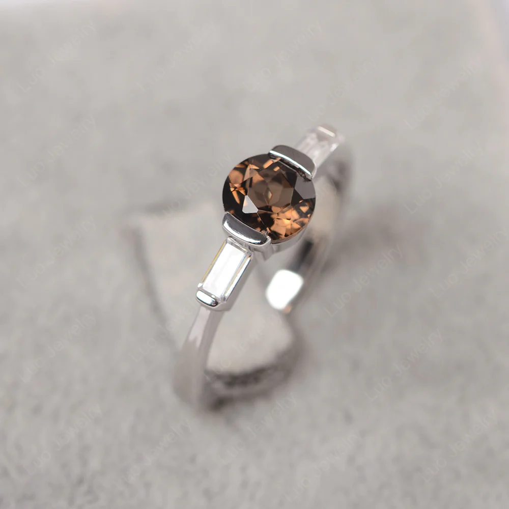 Smoky Quartz Ring Round Cut with Baguette Side - Image 2
