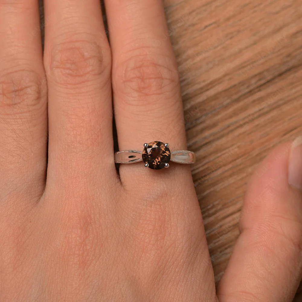 Smoky Quartz Solitaire Milgrain Engagement Ring - Image 4