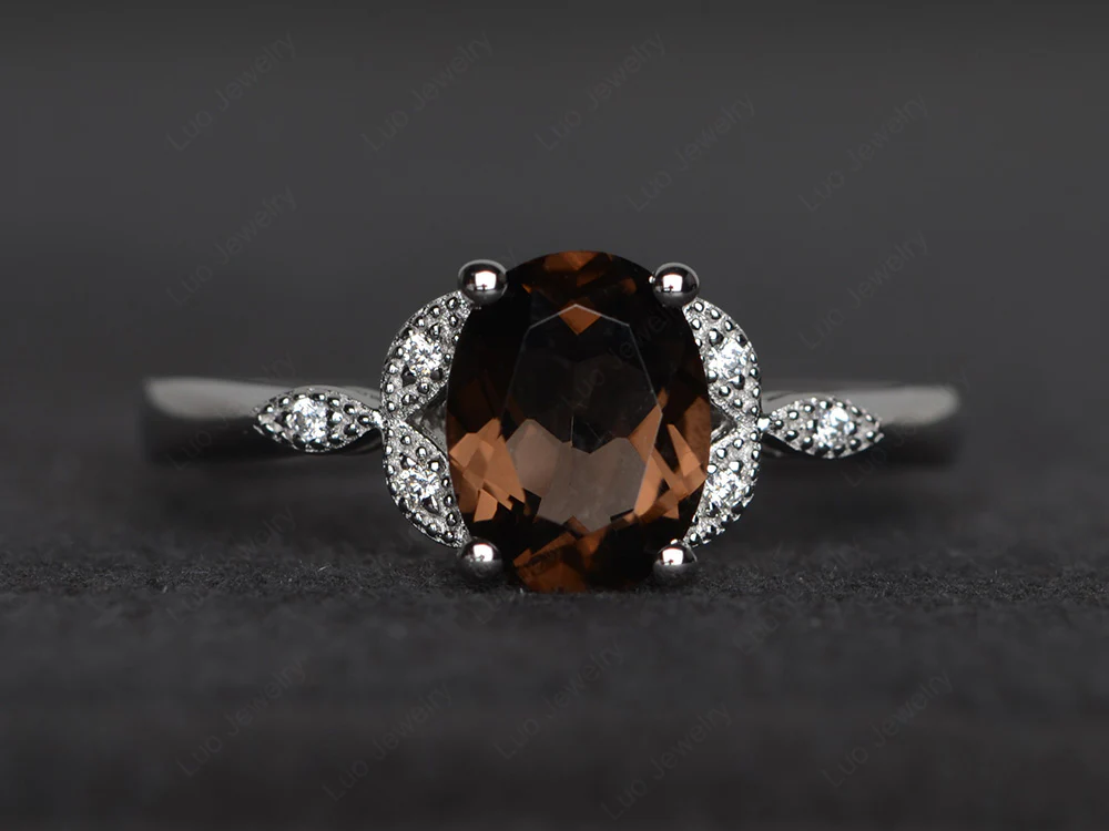 Oval Smoky Quartz Leaf Engagement Ring