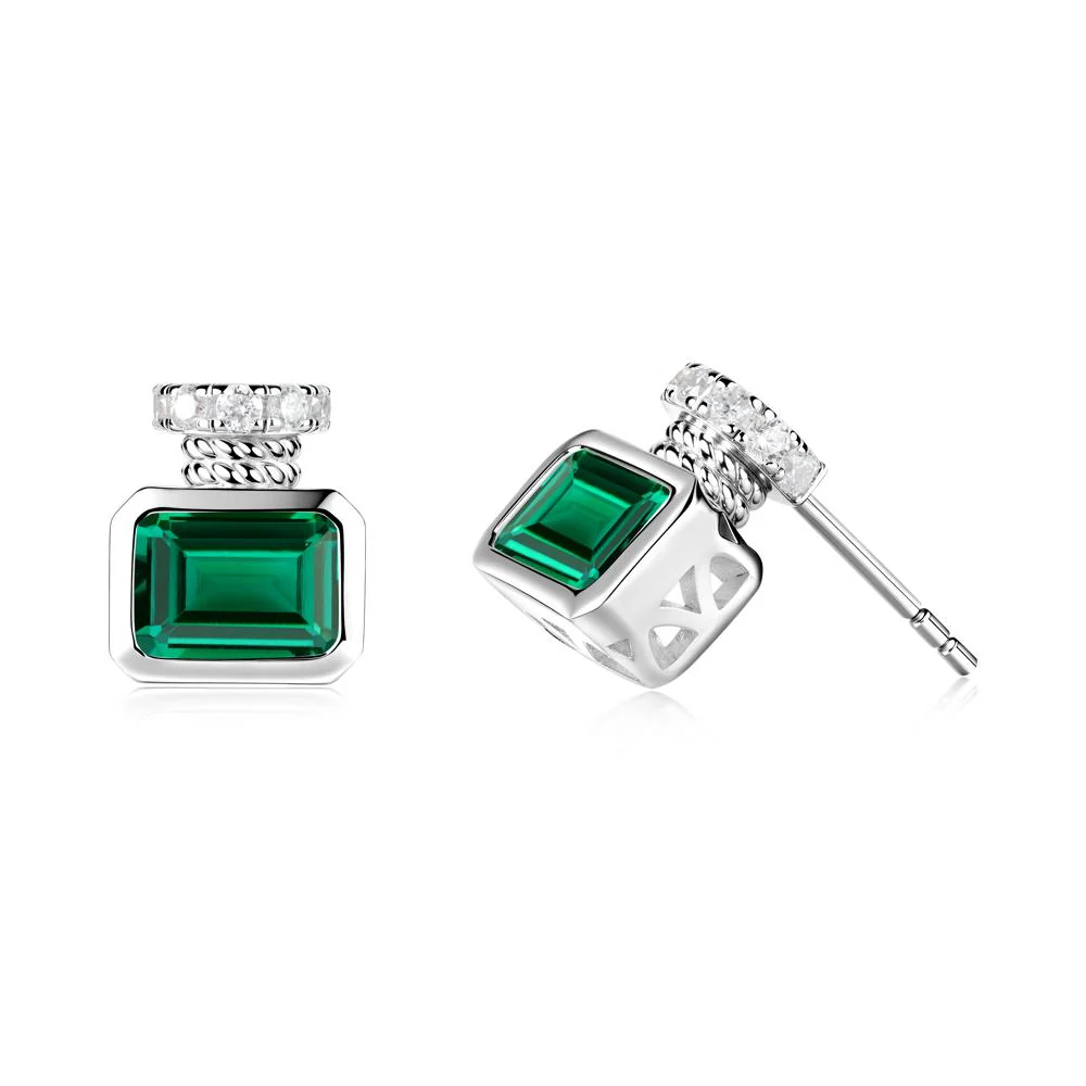 Solitaire Emerald Cut Emerald Stud Earrings - Image 2