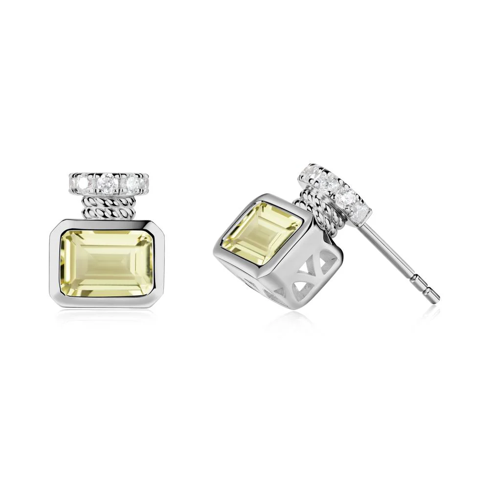 Solitaire Emerald Cut Lemon Quartz Stud Earrings - Image 2