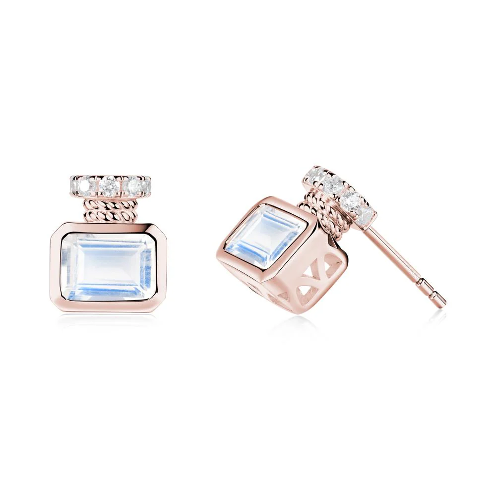 Solitaire Emerald Cut Moonstone Stud Earrings - Image 2