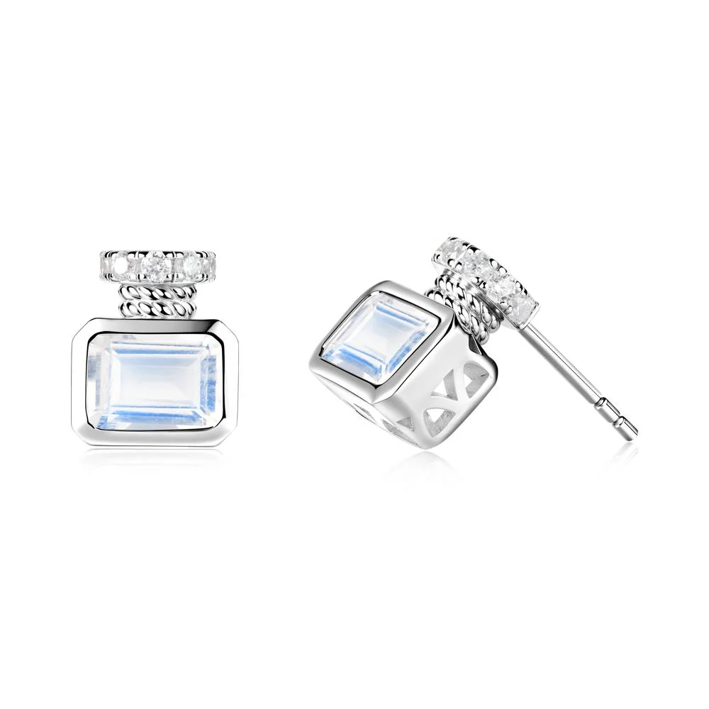 Solitaire Emerald Cut Moonstone Stud Earrings - Image 3