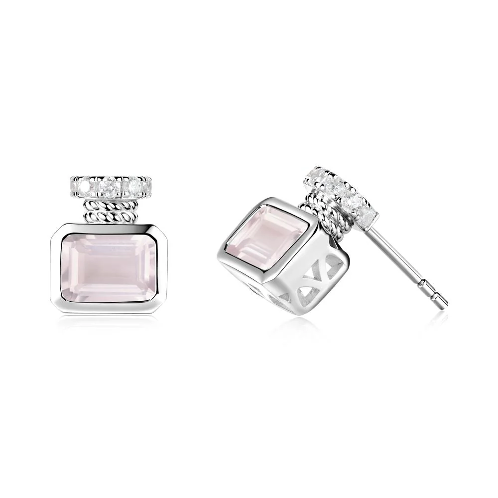 Solitaire Emerald Cut Rose Quartz Stud Earrings - Image 2