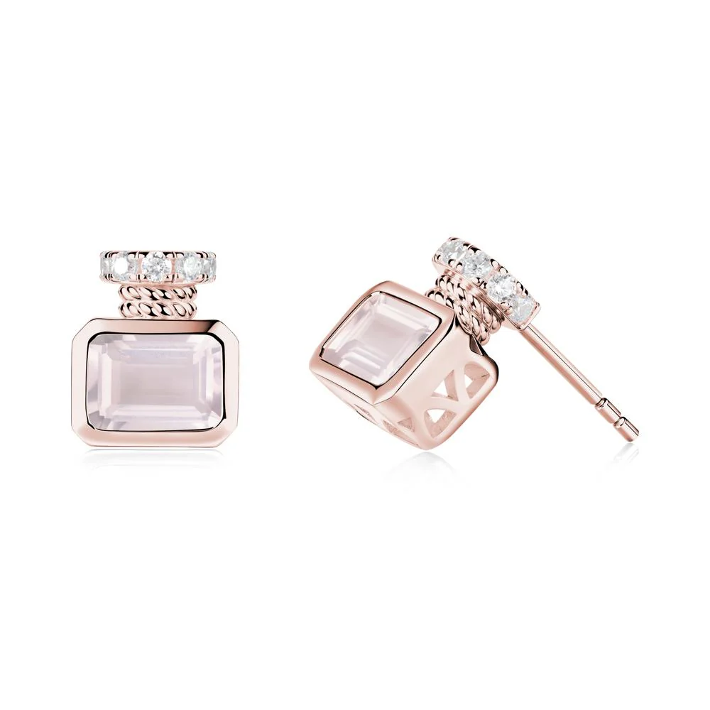 Solitaire Emerald Cut Rose Quartz Stud Earrings - Image 5