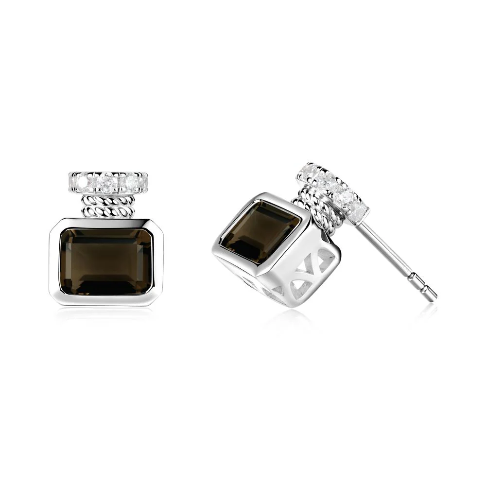 Solitaire Emerald Cut Smoky Quartz Stud Earrings - Image 9