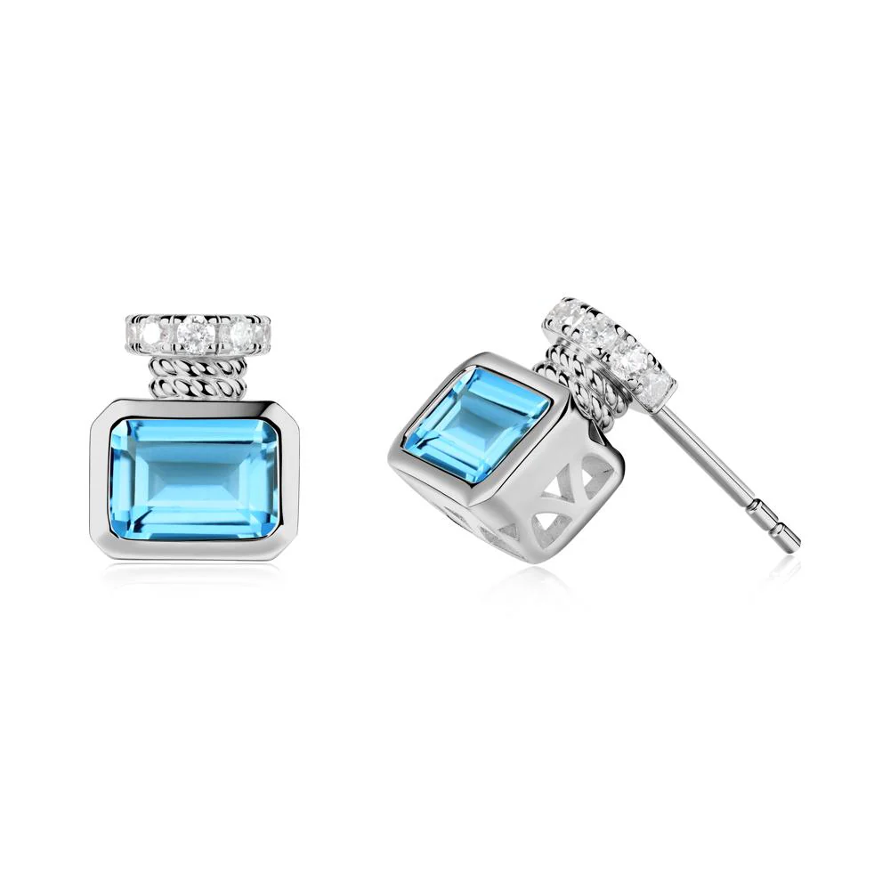 Solitaire Emerald Cut Swiss Blue Topaz Stud Earrings - Image 3