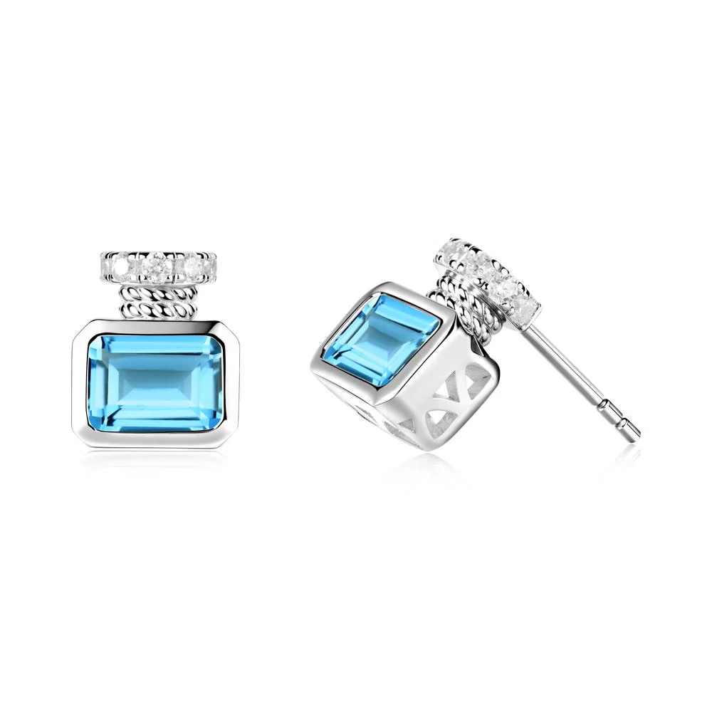 Solitaire Emerald Cut Swiss Blue Topaz Stud Earrings - Image 4