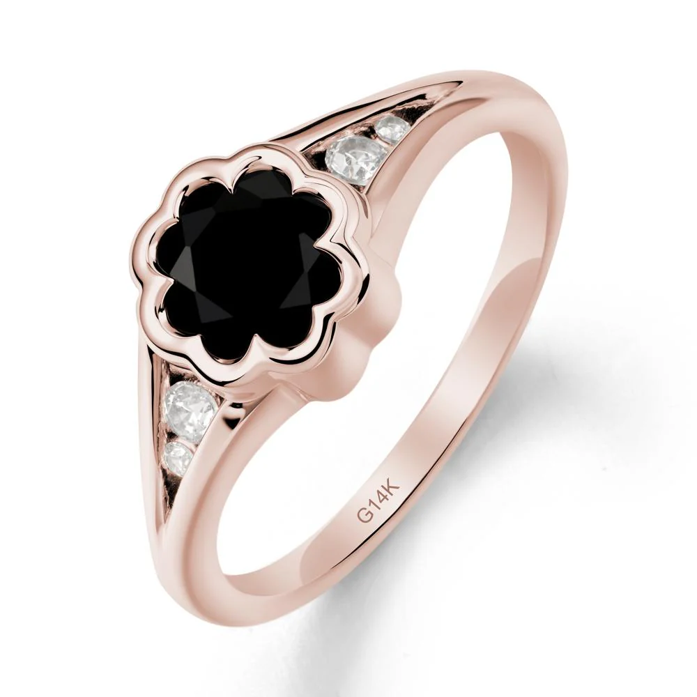 Split Band Flower Shaped Black Spinel Ring
