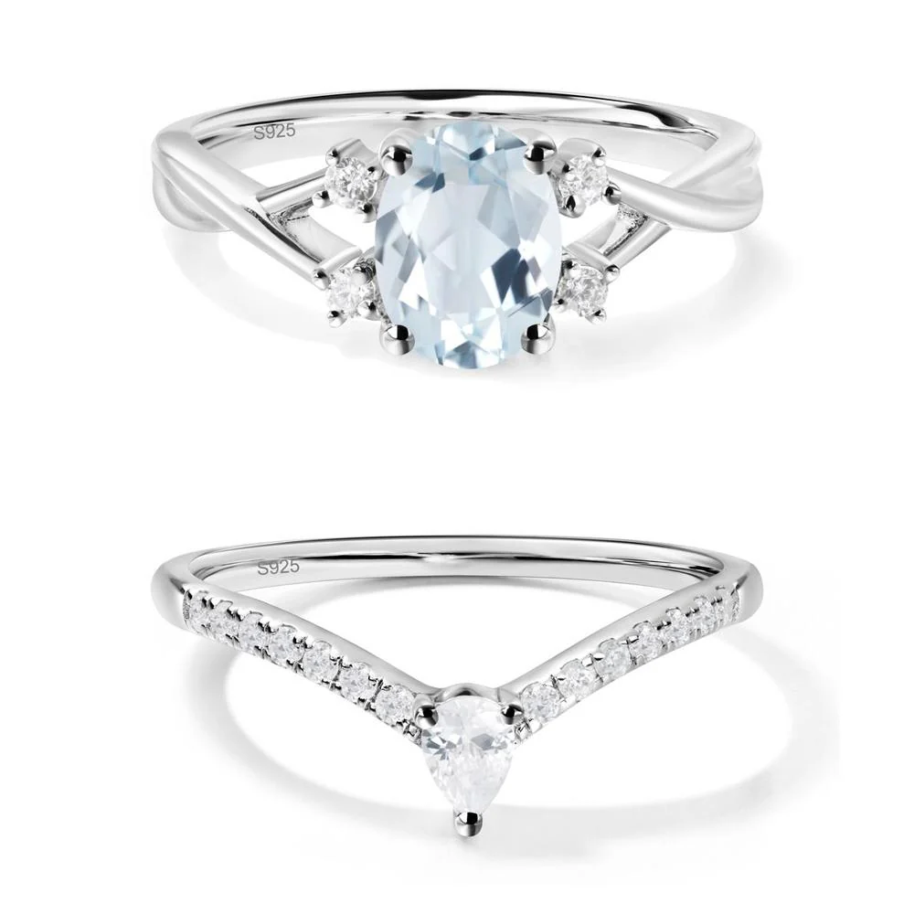 Aquamarine Oval Engagement Ring with Wedding Band - Image 15