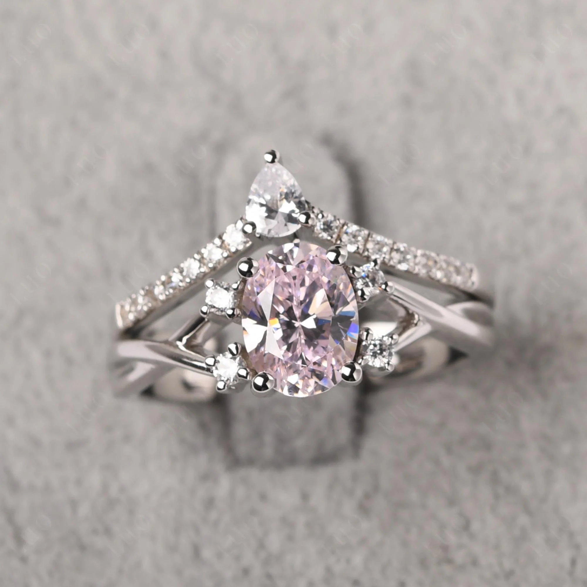 Pink Cubic Zirconia Oval Engagement Ring with Wedding Band - Image 29