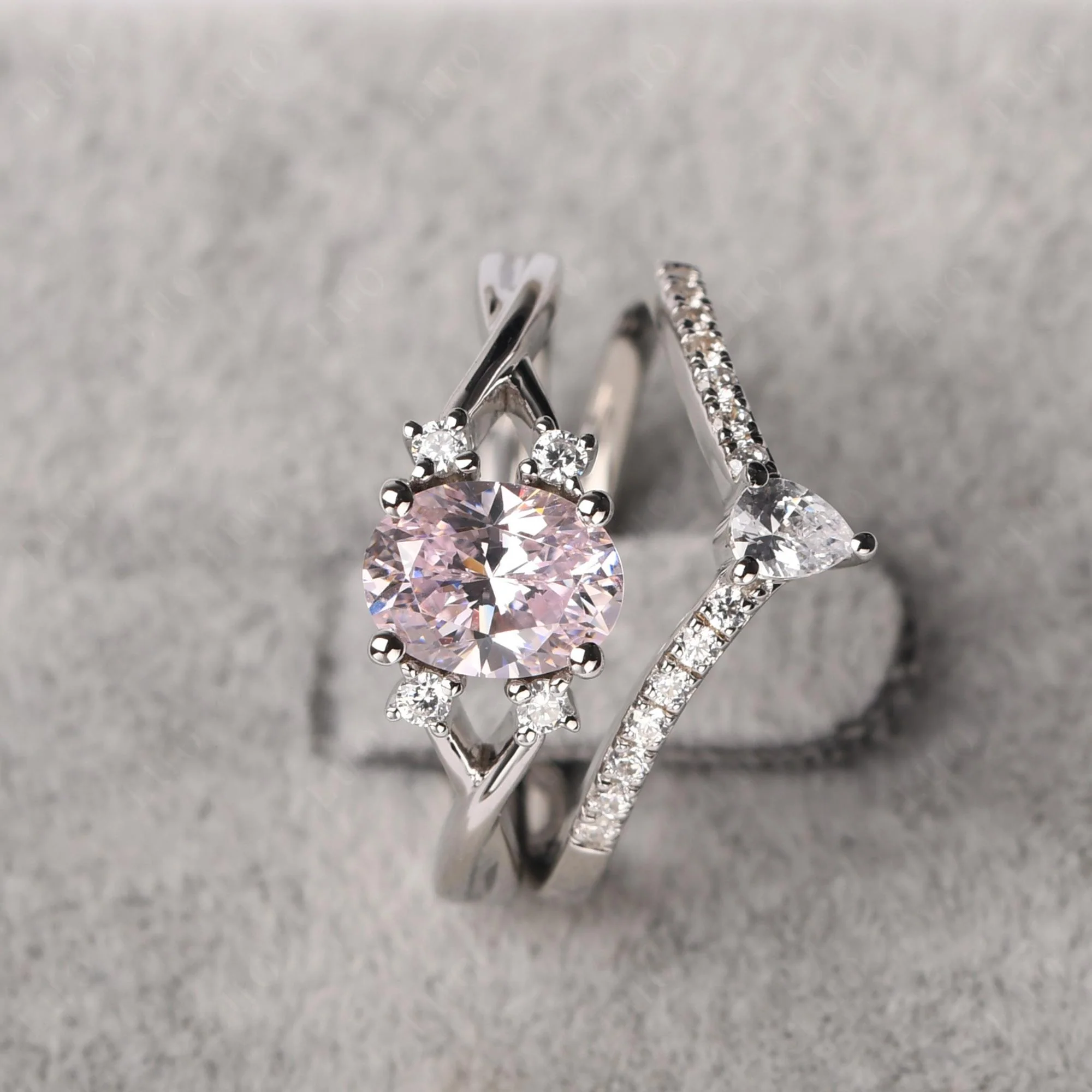 Pink Cubic Zirconia Oval Engagement Ring with Wedding Band - Image 30